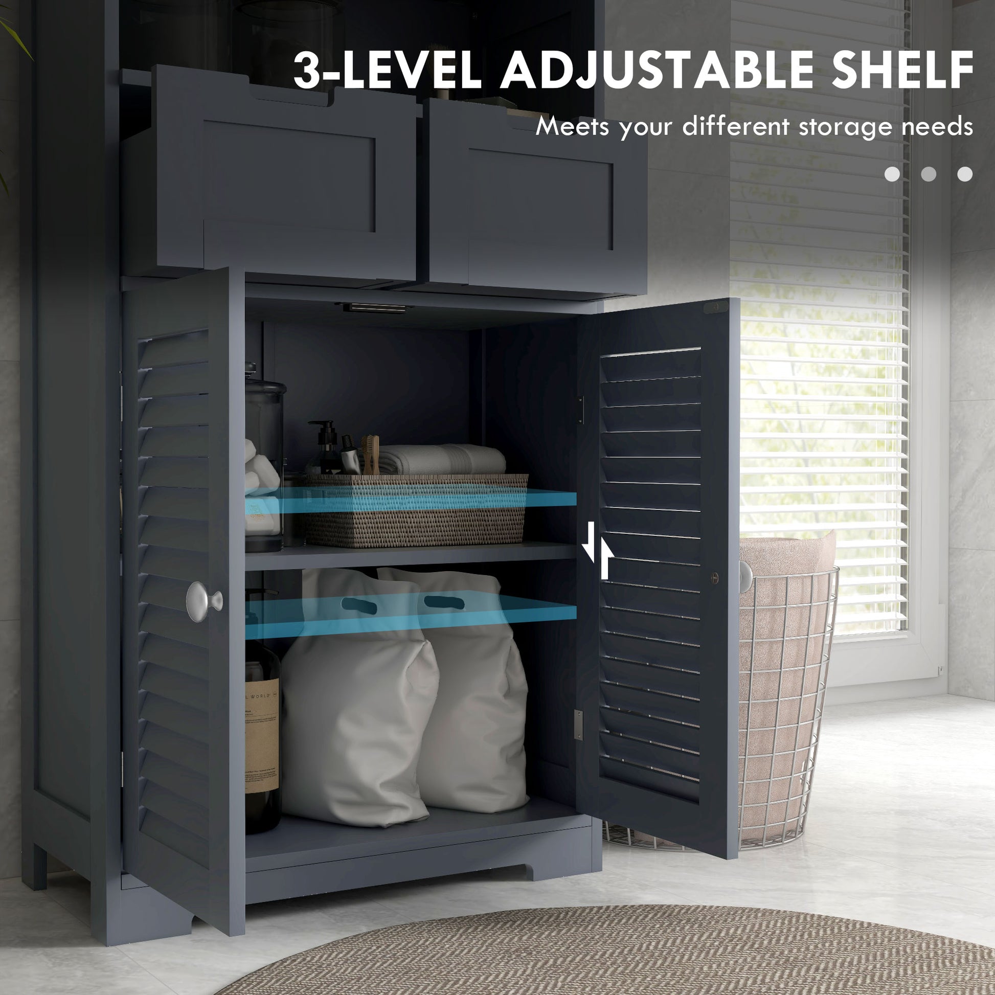HOMCOM Kleankin three-part grey bathroom storage unit with shelves, drawers, and cupboard for organized bathroom space.