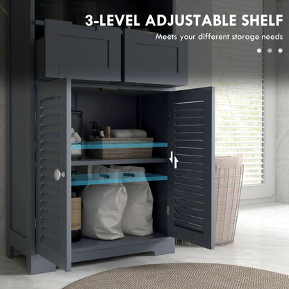 HOMCOM Kleankin three-part grey bathroom storage unit with shelves, drawers, and cupboard for organized bathroom space.