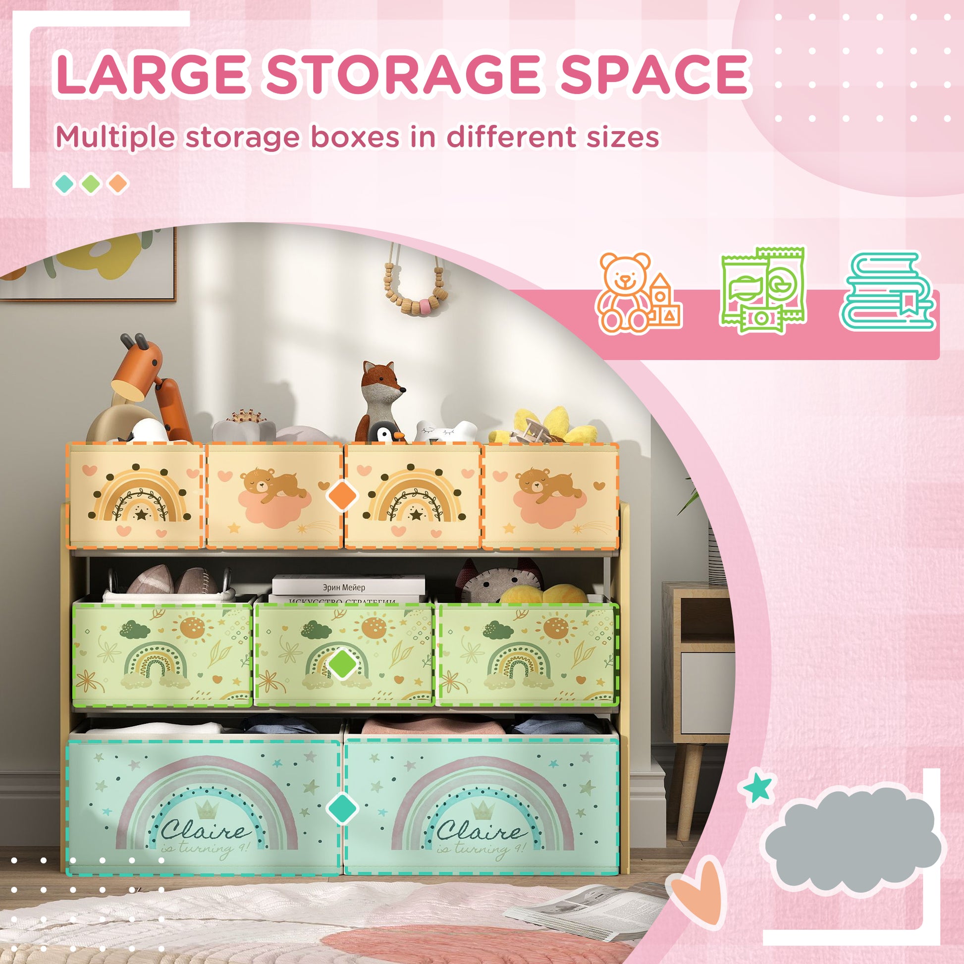 Yellow HOMCOM 3-tier kids storage unit with nine fabric boxes for toys and books, suitable for nursery or bedroom organization.