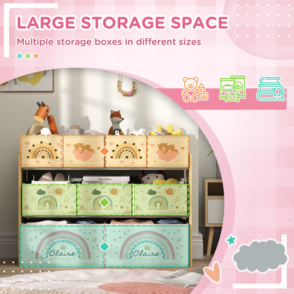 Yellow HOMCOM 3-tier kids storage unit with nine fabric boxes for toys and books, suitable for nursery or bedroom organization.