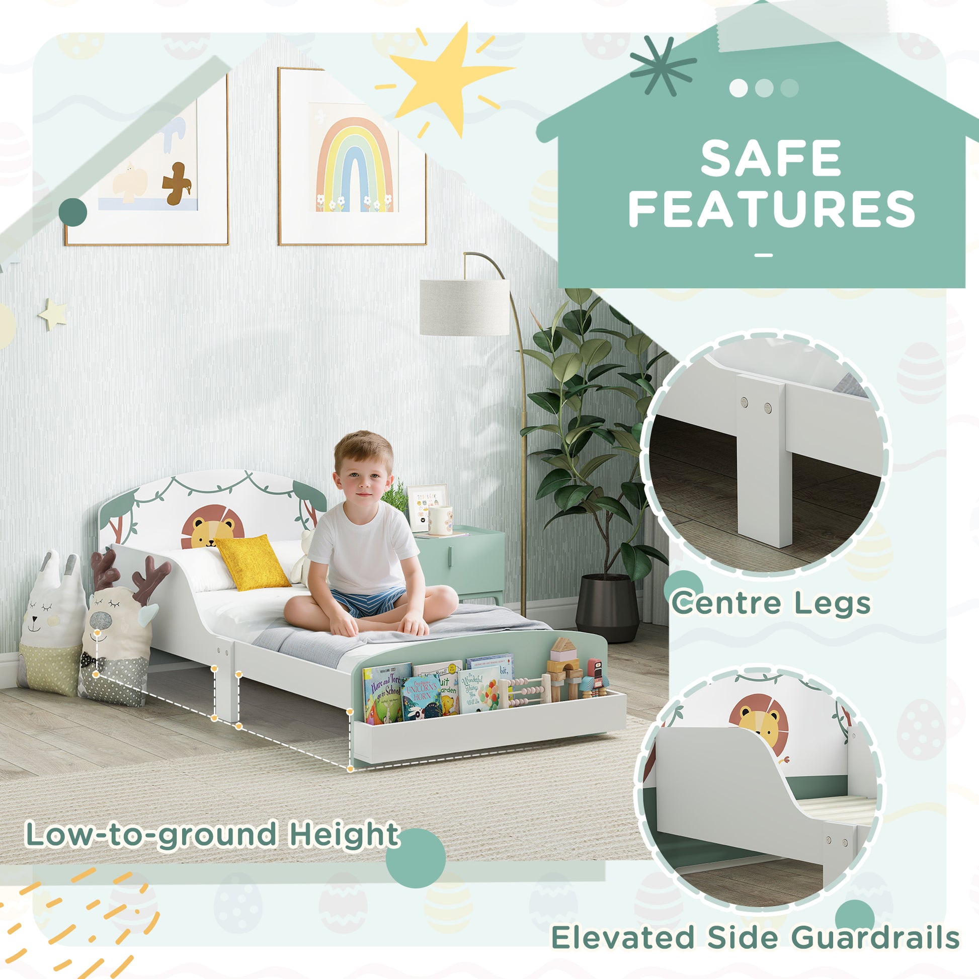 Green toddler bed with lion design, storage drawers, guardrails, fits 140x70cm mattress for children aged 3-8, HOMCOM brand.