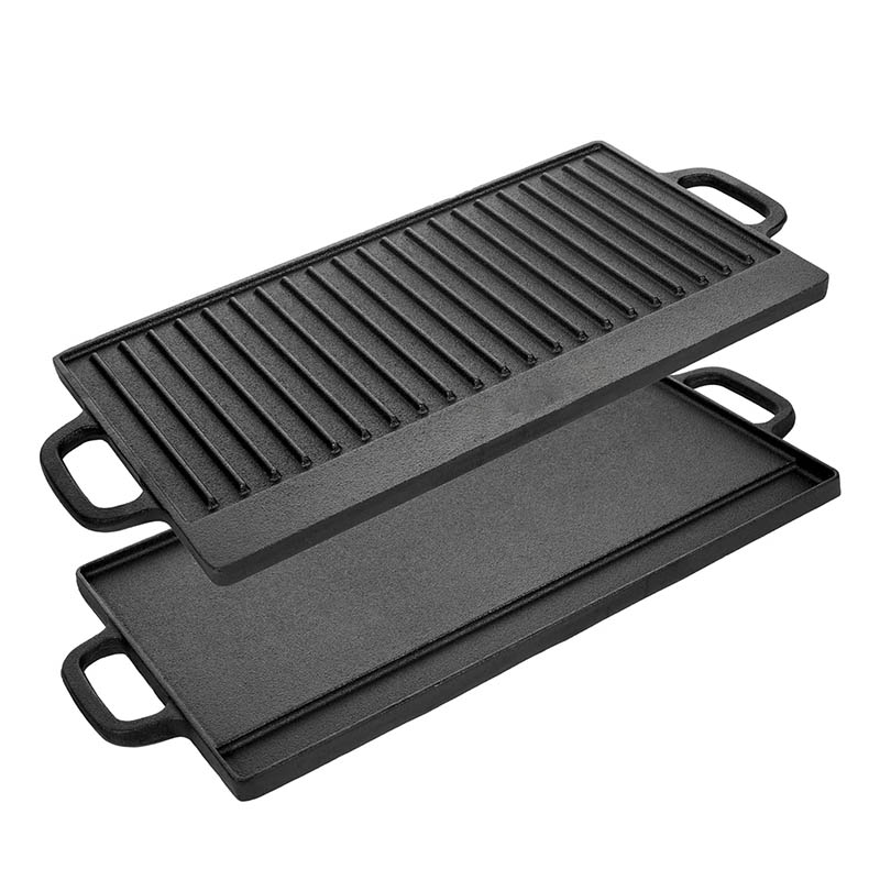 Reversible cast iron BBQ skillet and griddle plate by HOMCOM, showing one side with a flat cooking surface and the other with grill ridges.