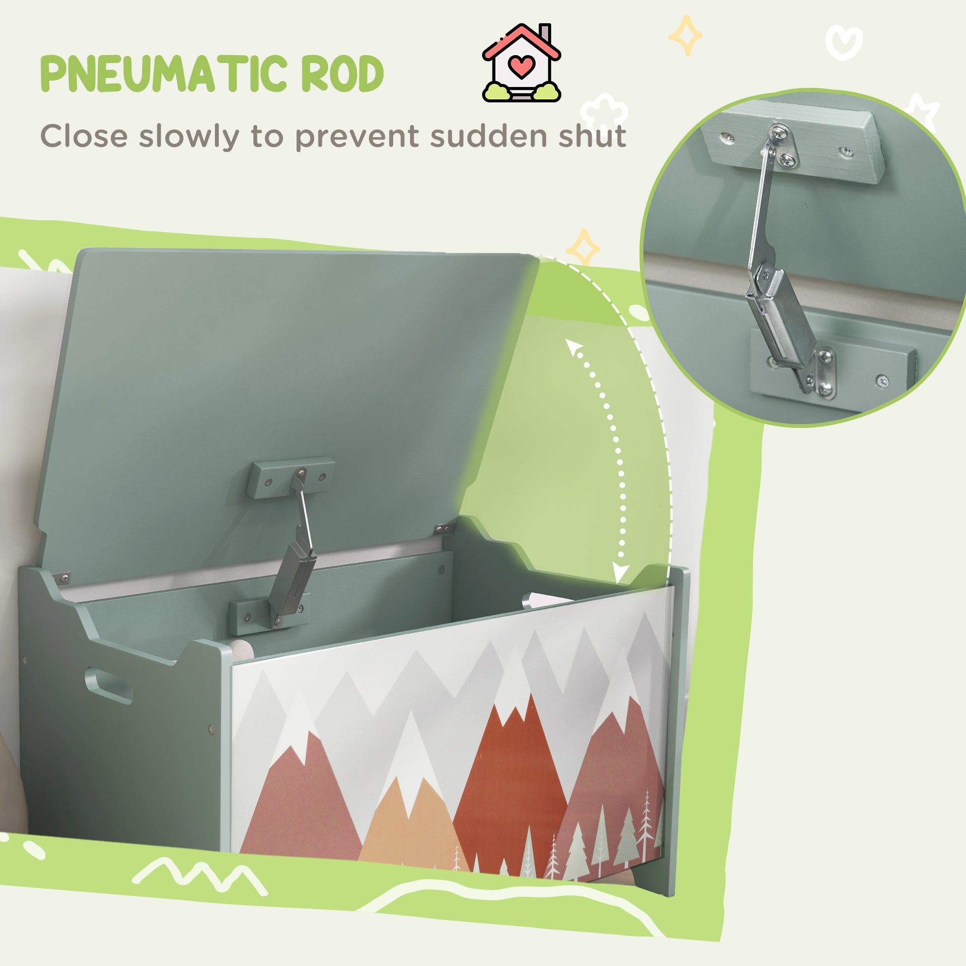 HOMCOM ZONEKIZ kids toy box in green with lid and safety hinge, sturdy storage chest for children's playroom or bedroom.