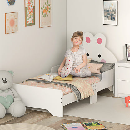 HOMCOM ZONEKIZ rabbit-shaped toddler bed in white with bunny ears and frame, designed for kids' bedrooms, featuring a playful animal theme.