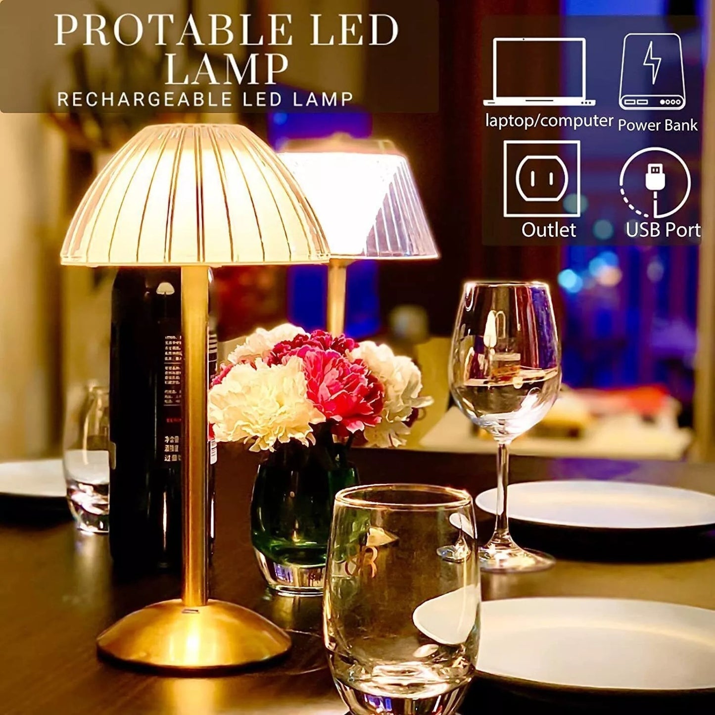 Modern HOMCOM LED table lamp with dimmable, cordless design, USB rechargeable night light shown on a bedside table.