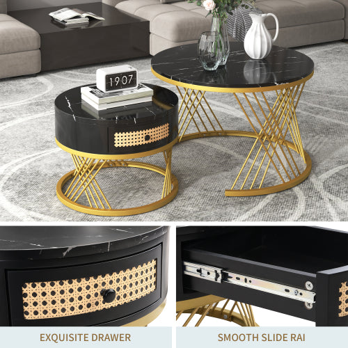 HOMCOM 2-in-1 round coffee table with marble effect surface and rattan drawer, modern living room furniture piece