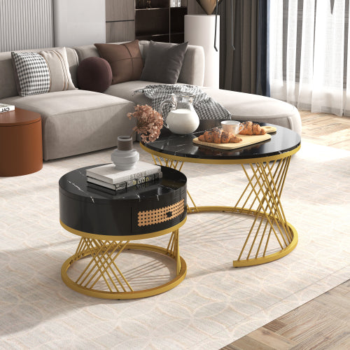 HOMCOM 2-in-1 round coffee table with rattan drawer and marble effect tabletop, modern design for living room decor.