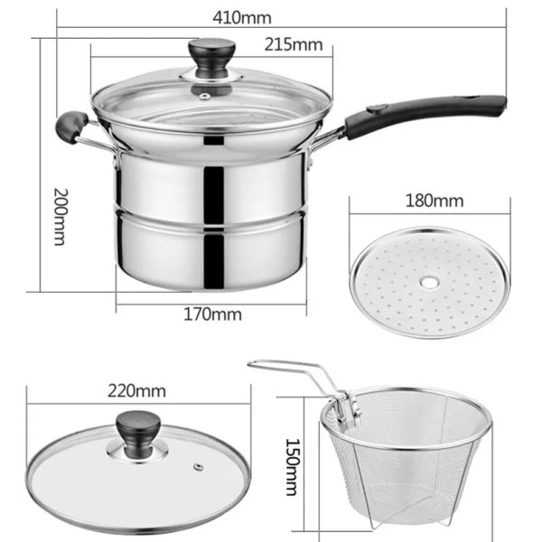 HOMCOM 4-piece non-stick chip pan set with frying basket, lid, and deep fat fryer for cooking chips, noodles, and soups.