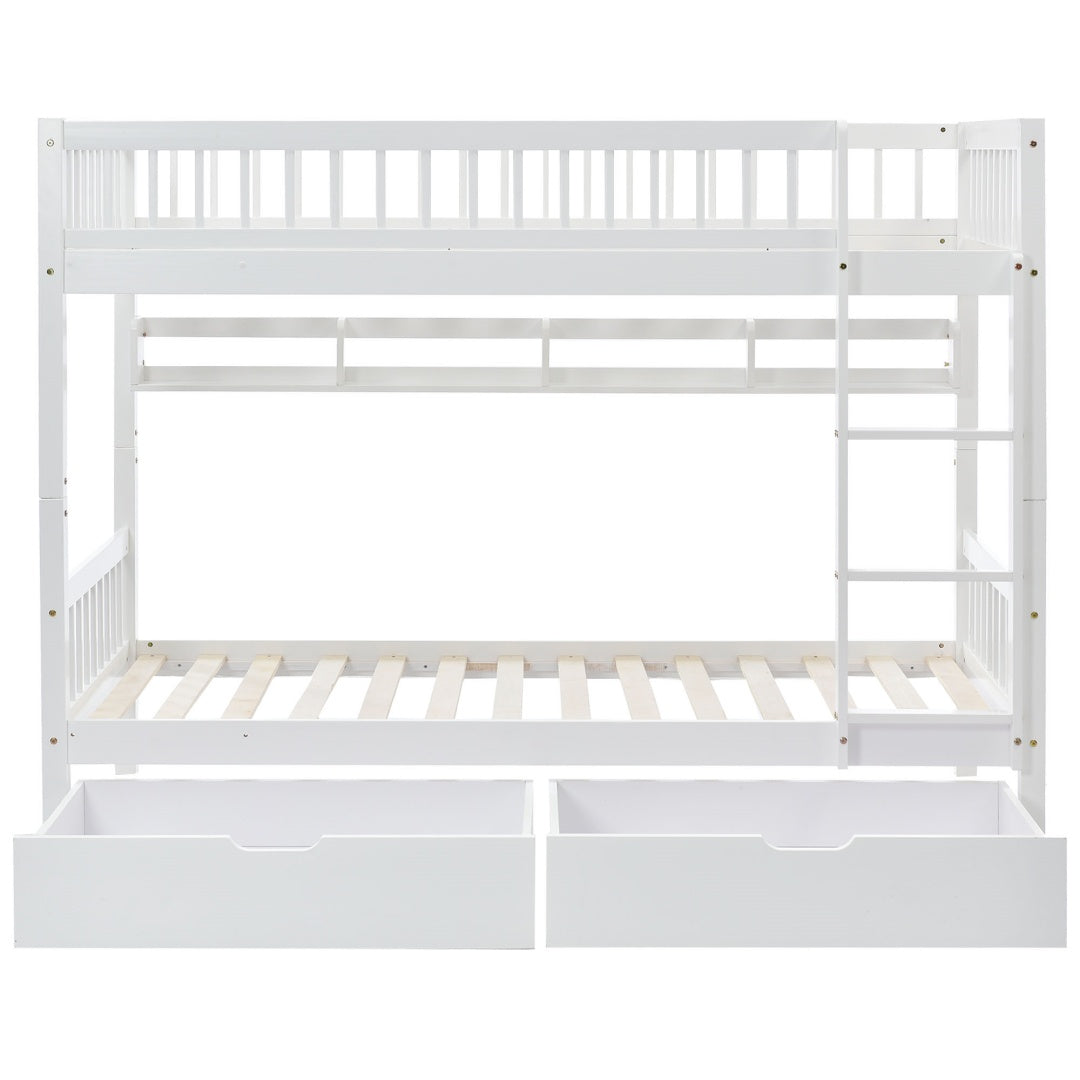 White HOMCOM bunk bed for kids with solid pine wood frame, under-bed slide drawer, and side shelf, 90x190cm.