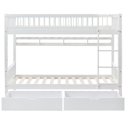 White HOMCOM bunk bed for kids with solid pine wood frame, under-bed slide drawer, and side shelf, 90x190cm.