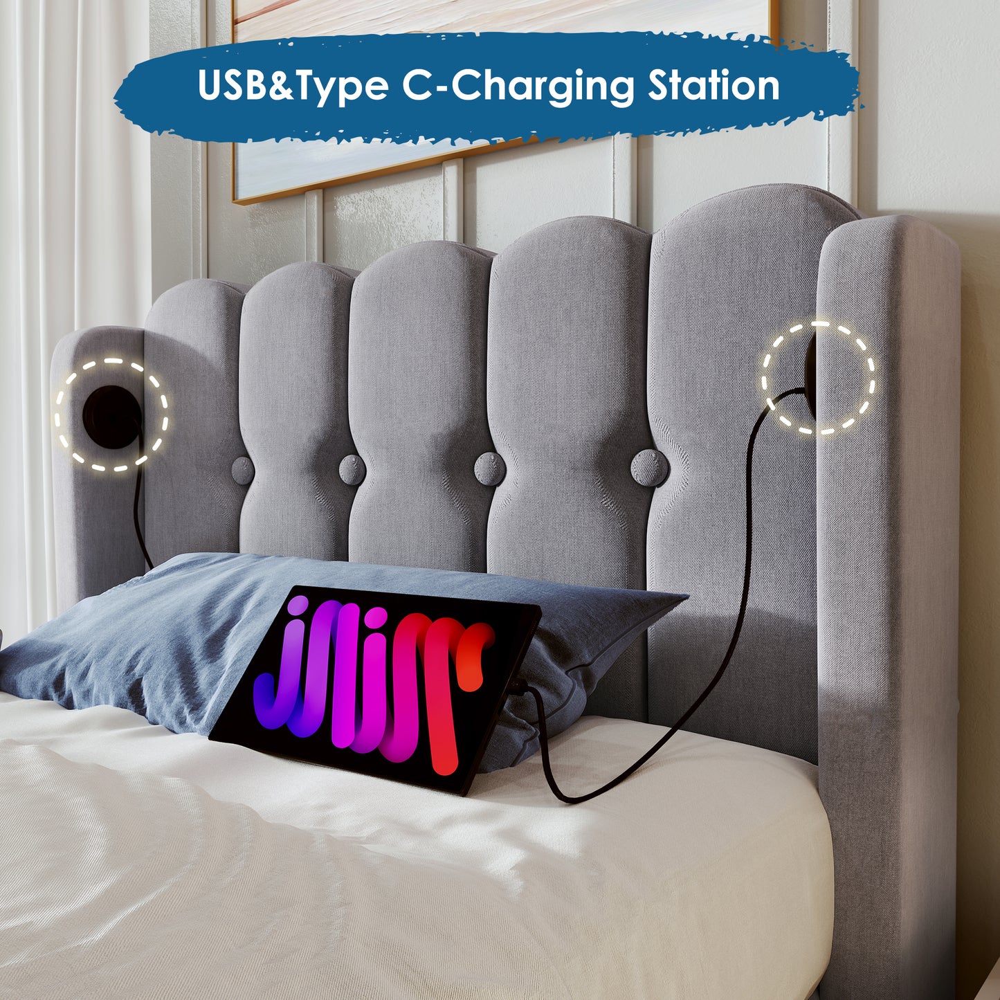 Grey upholstered single bed with wooden slatted frame, USB and Type-C charging ports, linen fabric, 3ft size, suitable for teen or guest room.