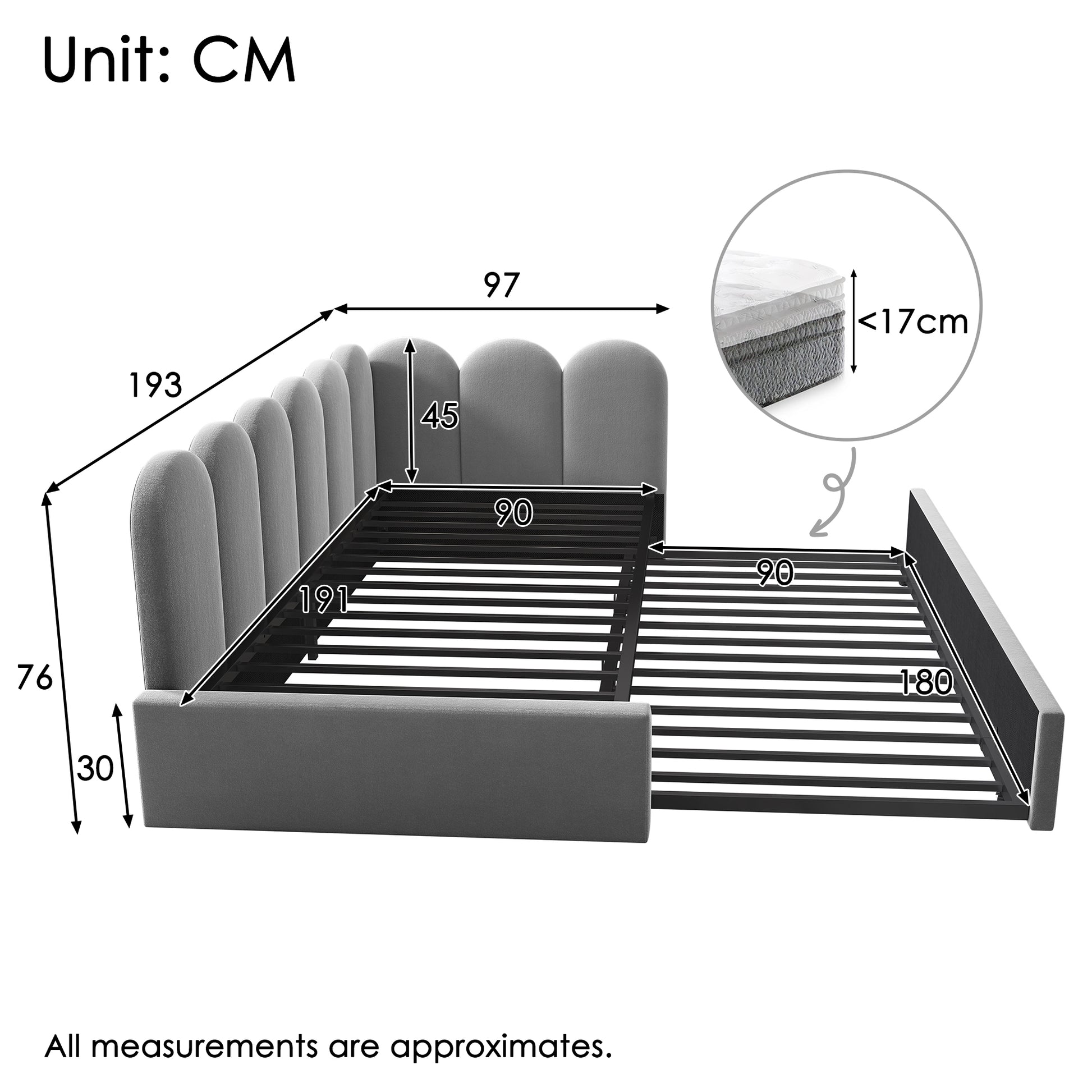 Grey velvet upholstered HOMCOM single sofa bed with pull-out bed, slatted frame, suitable for adults and children.