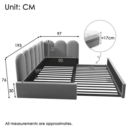 Grey velvet upholstered HOMCOM single sofa bed with pull-out bed, slatted frame, suitable for adults and children.