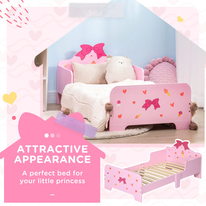 Pink HOMCOM ZONEKIZ princess-themed toddler bed with safety rails, cute patterns, designed for children ages 3 to 6 years.