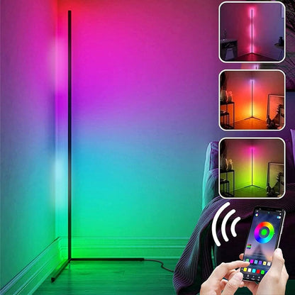 HOMCOM 10W RGB LED corner floor lamp with remote control, modern minimalist standing mood light for home decor, showing colorful illumination