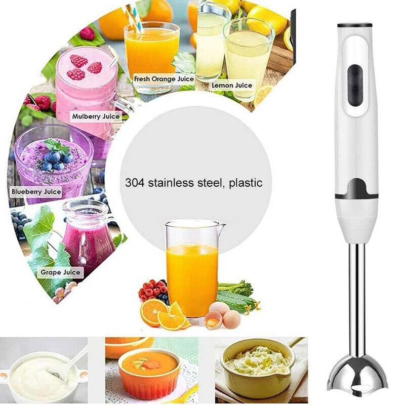 Livoshop 400W electric hand blender with stainless steel blade, UK plug, showing the sleek stick blender in use.