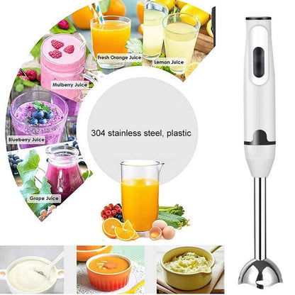 Livoshop 400W electric hand blender with stainless steel blade, UK plug, showing the sleek stick blender in use.