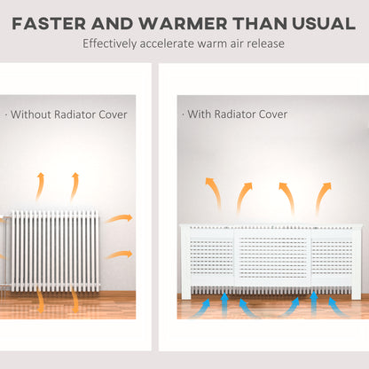 HOMCOM white MDF extendable radiator cover with cabinet shelving, slatted design, measuring 139-208.5L x 20.5W x 82.5H cm.