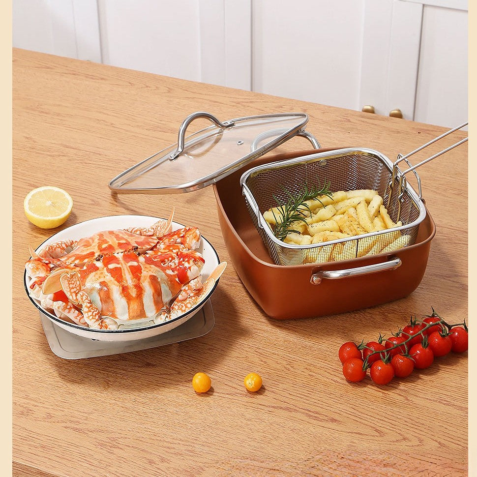 HOMCOM 24cm square non-stick chip fryer with basket, ideal for frying potatoes and cooking in a durable square pan