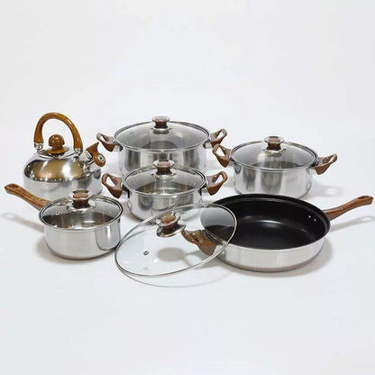 Set of 12 HOMCOM stainless steel cookware including saucepans, casseroles, and fry pans with glass lids, displayed together.