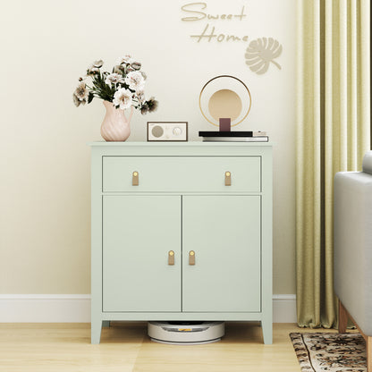 Light green farmhouse style sideboard by HOMCOM with five drawers and cabinet doors, featuring rustic wooden accents.