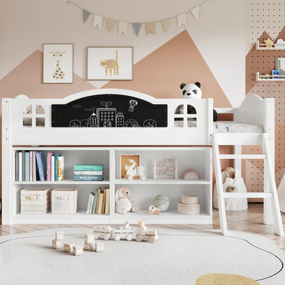 White wooden single storage bed with blackboard, staircase, and cabinets, made of pine-MDF-plywood by HOMCOM.