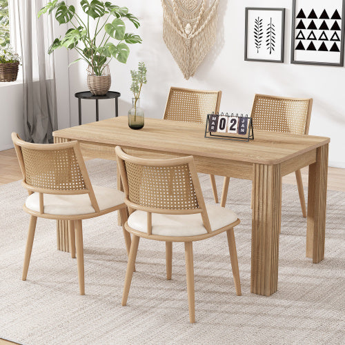 Set of 2 Retro Bamboo Kitchen Chairs with PU Seat & Rattan Backrest – Beige