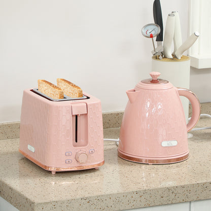 HOMCOM pink 1.7L 3000W fast boil kettle and 2-slice toaster set with auto shut-off and browning controls, on a kitchen countertop.
