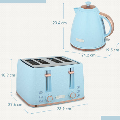 Light blue HOMCOM kettle and 4-slice toaster set with 7 browning levels, 1.7L capacity, and 3000W fast boiling.