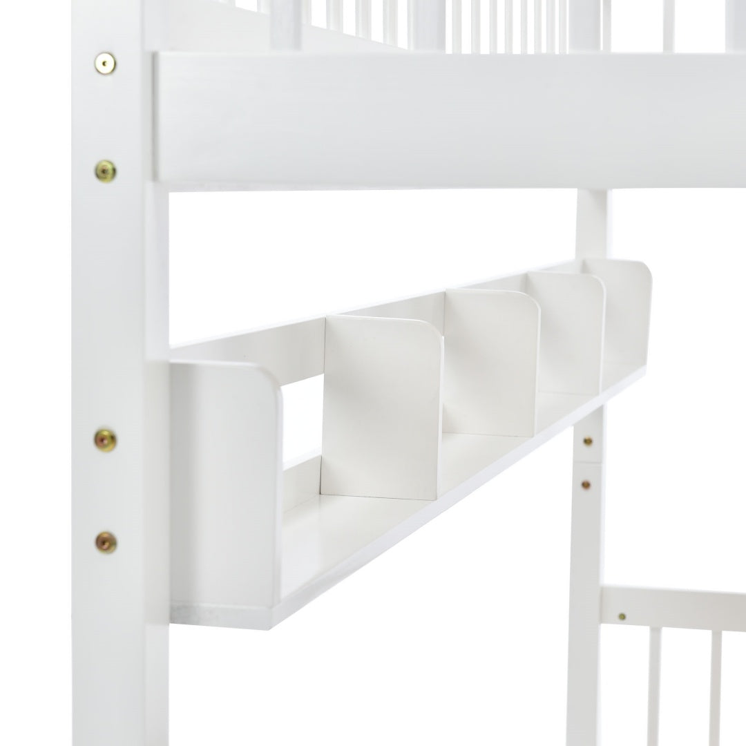 White HOMCOM bunk bed for kids with solid pine wood frame, under bed storage drawer, shelf, and 3ft single bed size.