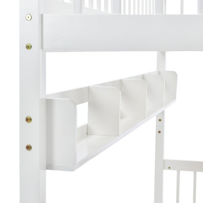 White HOMCOM bunk bed for kids with solid pine wood frame, under bed storage drawer, shelf, and 3ft single bed size.