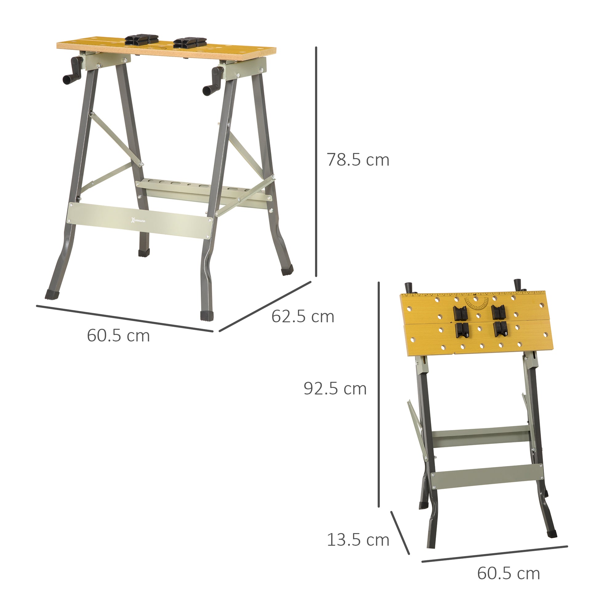 HOMCOM DURHAND 4-in-1 work bench with folding design, adjustable clamp table with four pegs, grey for DIY home and garage projects.