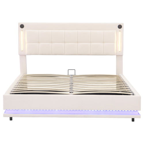 Beige 4ft6 double LED hydraulic bed frame with adjustable tufted headboard, USB, Type-C ports, and soft velvet upholstery.