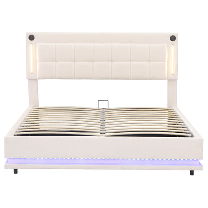 Beige 4ft6 double LED hydraulic bed frame with adjustable tufted headboard, USB, Type-C ports, and soft velvet upholstery.