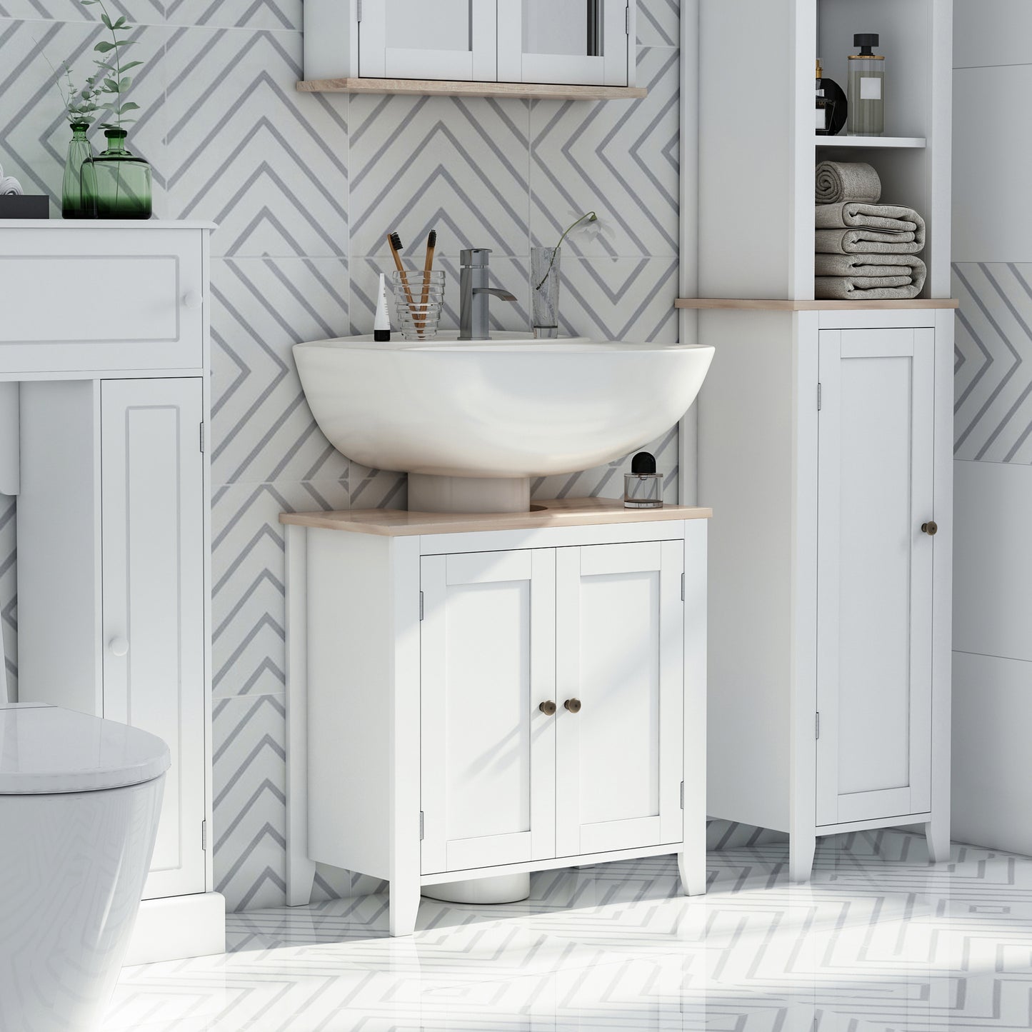White Kleankin under sink bathroom cabinet with two doors, adjustable shelf, pedestal design, freestanding storage unit by HOMCOM.
