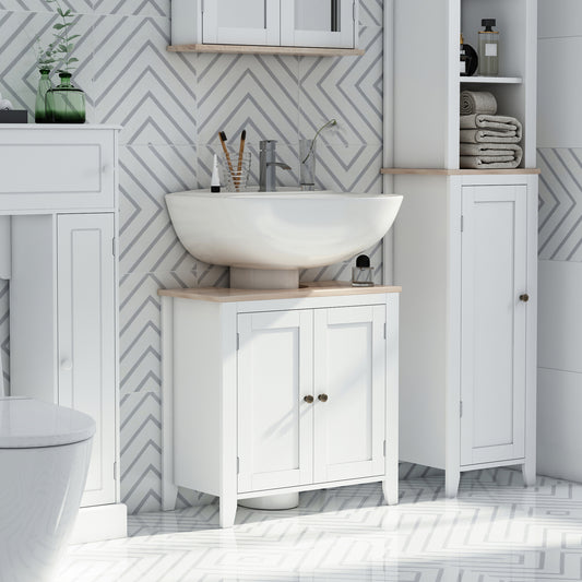 White Kleankin under sink bathroom cabinet with two doors, adjustable shelf, pedestal design, freestanding storage unit by HOMCOM.