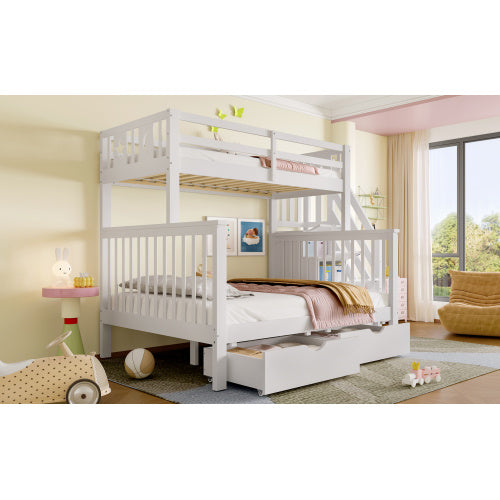 Kids Bunk Bed with Storage Stairs & Guardrail – White High Sleeper Frame