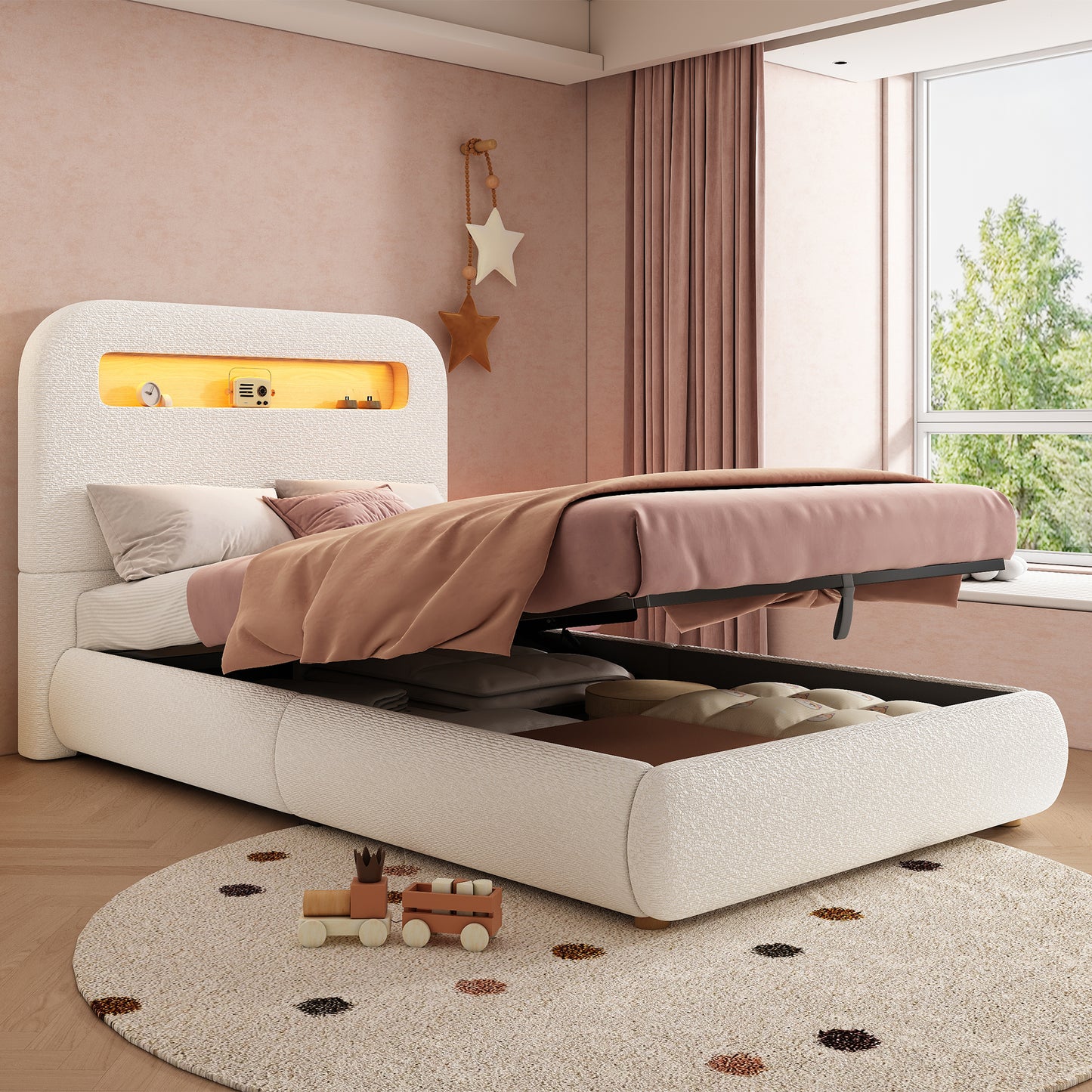 White upholstered children's single bed with headboard, LED lighting, large storage, solid wood legs, bouclé fabric, hydraulic mechanism.