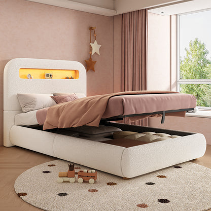 White upholstered children's single bed with headboard, LED lighting, large storage, solid wood legs, bouclé fabric, hydraulic mechanism.