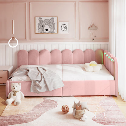 HOMCOM pink 3ft velvet single daybed with scalloped backrest, RGB LED lights, 2 storage drawers, wooden slats, reversible panel