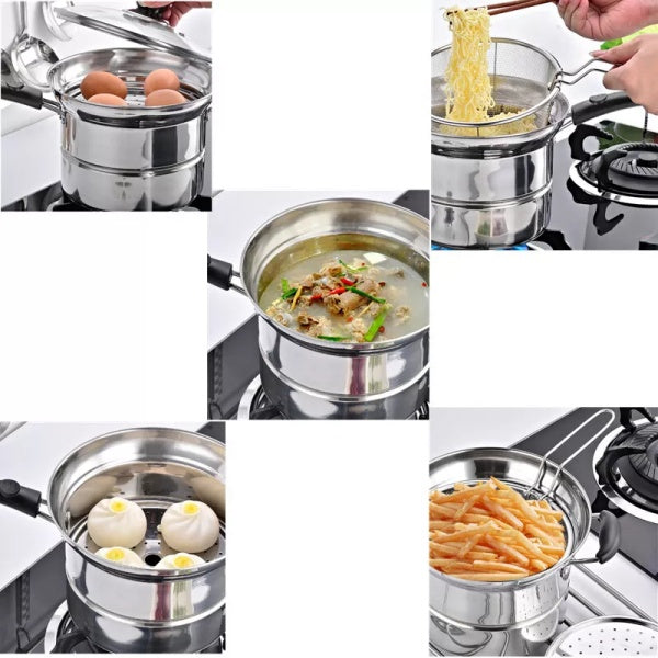 HOMCOM 4-piece non-stick chip pan set includes deep fat fryer, cooking pot, frying basket, and lid for versatile frying tasks.