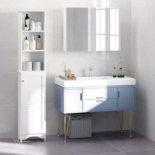 White freestanding tall bathroom cabinet with adjustable shelves and shutter door, floor storage unit with six shelves.