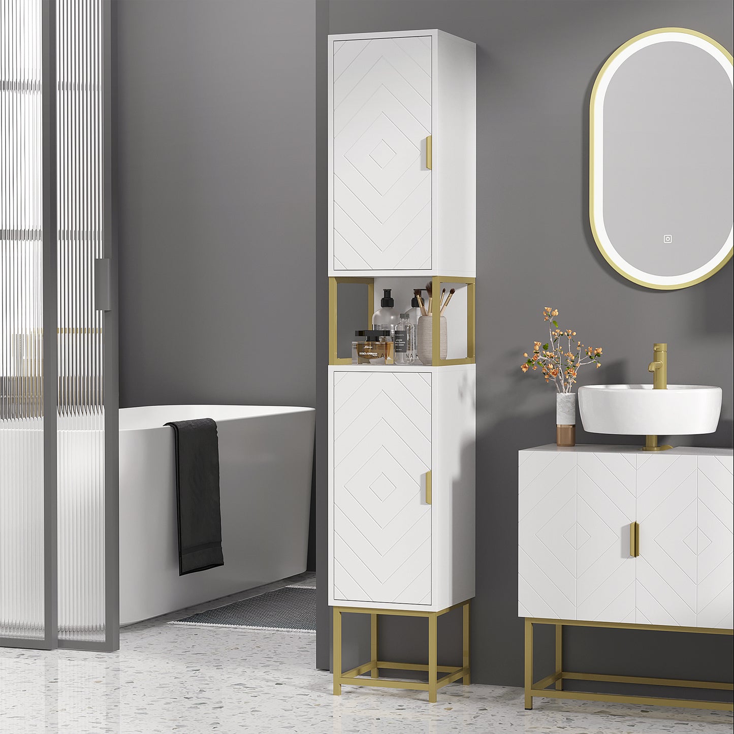 HOMCOM Kleankin narrow white bathroom storage cabinet with two doors, adjustable shelf, steel base, and slim design for corner organization.