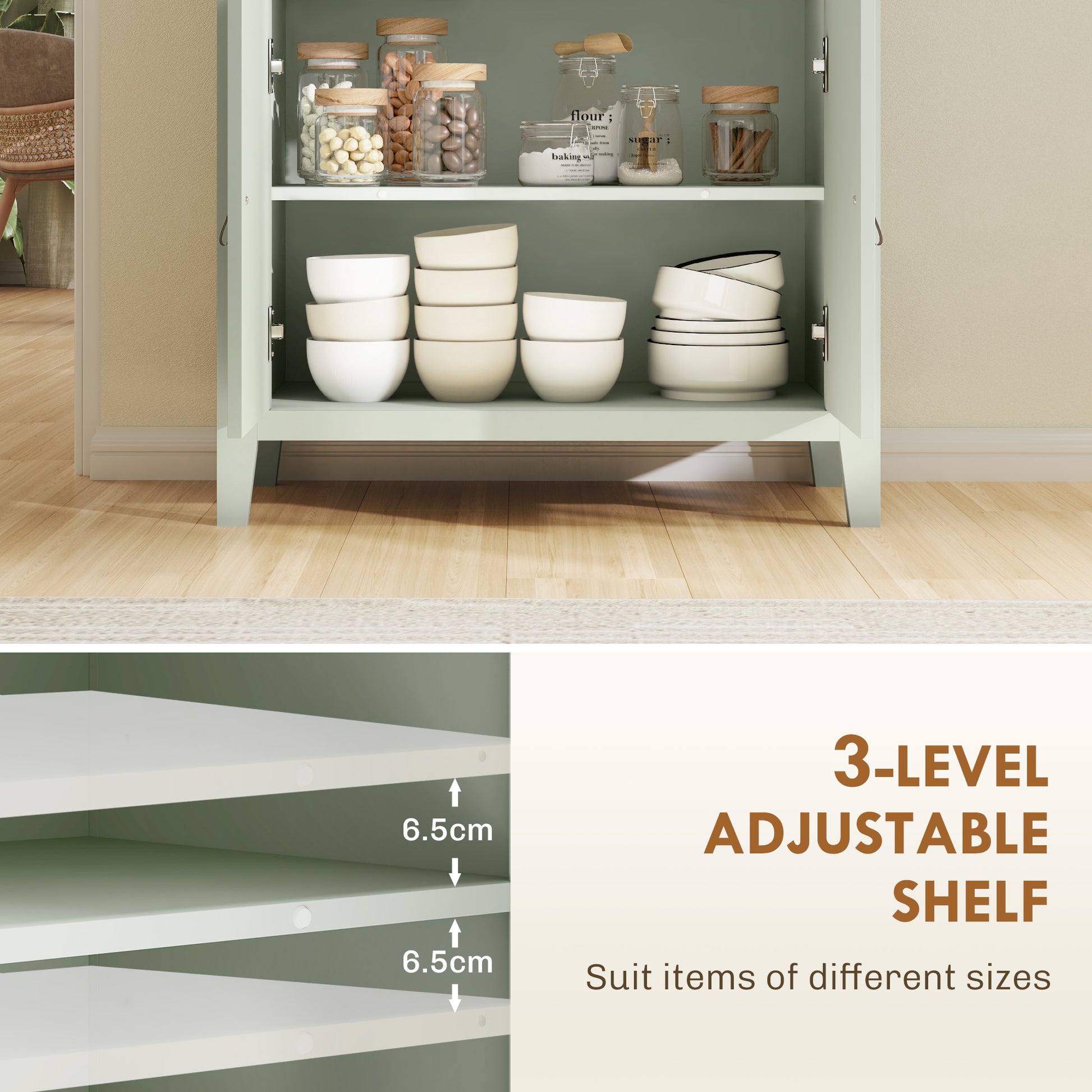 Light green HOMCOM farmhouse style sideboard with five drawers and cabinets, made of wood with a rustic finish.