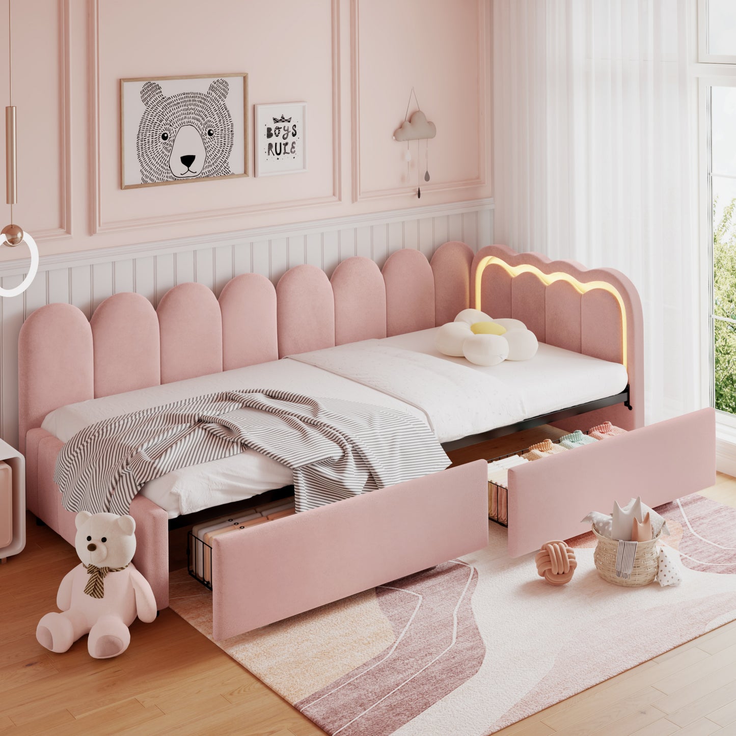 HOMCOM pink velvet 3ft single daybed with scalloped backrest, RGB LED lights, two storage drawers, and wooden slats.