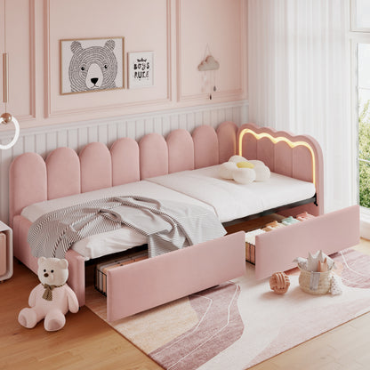 HOMCOM pink velvet 3ft single daybed with scalloped backrest, RGB LED lights, two storage drawers, and wooden slats.