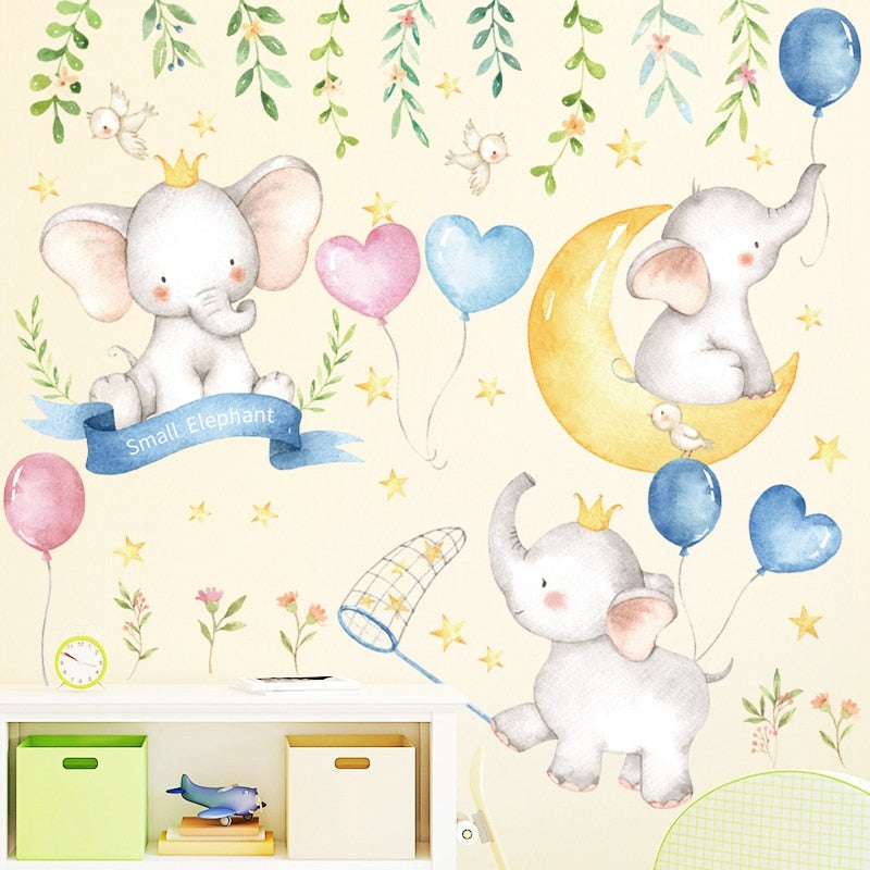 Colorful cartoon baby elephant wall sticker for kids' rooms, designed by HOMCOM, featuring a cute animal illustration.