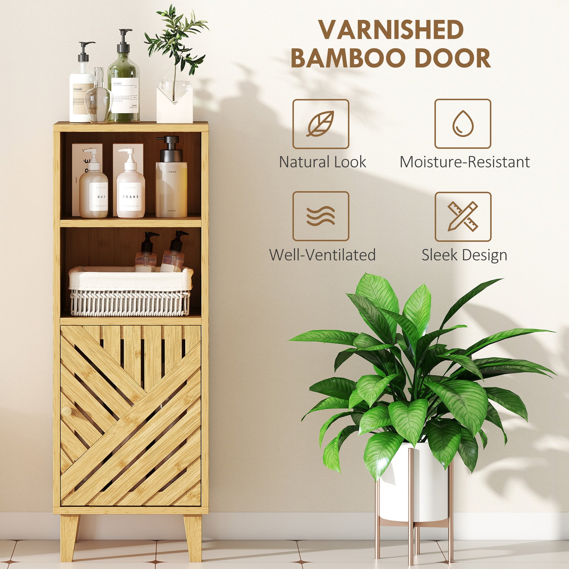 Slim HOMCOM bathroom cabinet with bamboo door, open compartments, natural wood finish, freestanding design, 32x30x90 cm