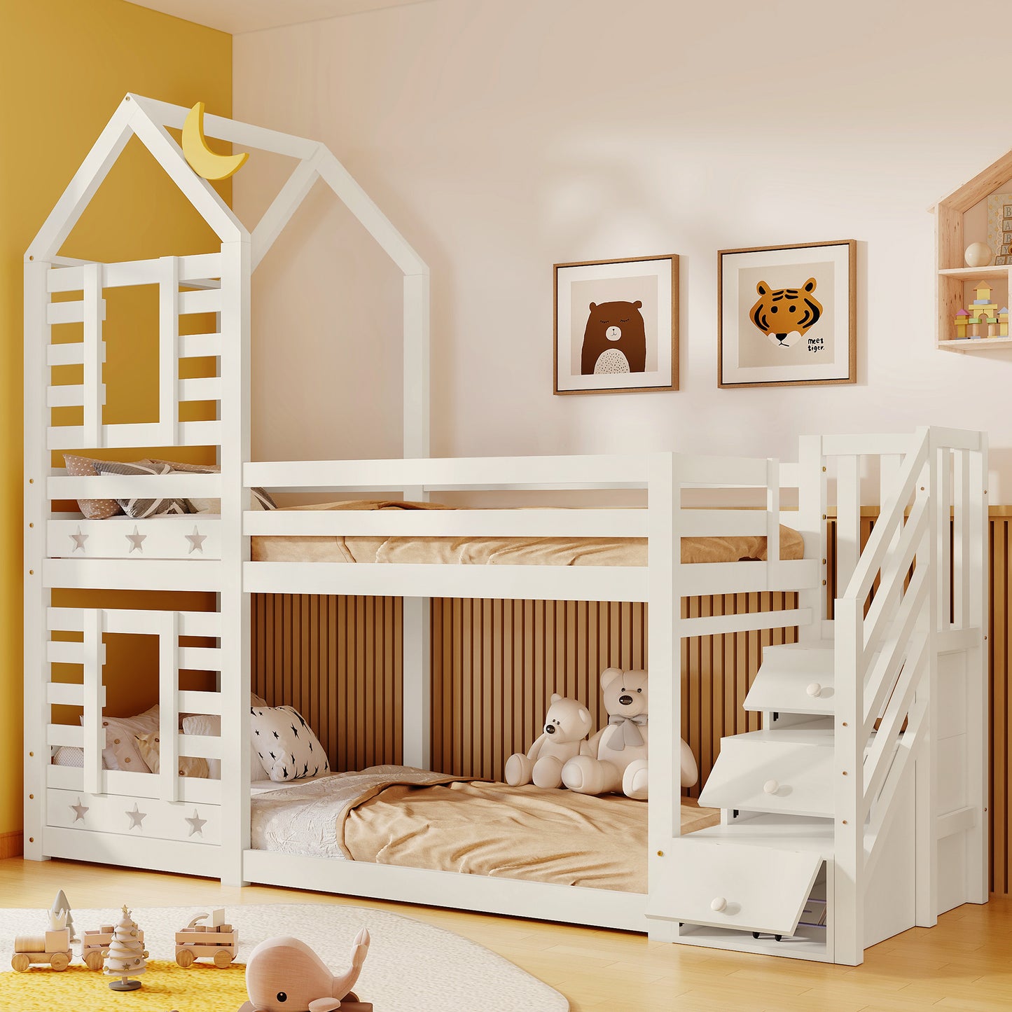 White HOMCOM bunk bed with built-in storage, child’s cabin bed featuring a window and twin sleeper in solid pine wood, 190x90 cm.