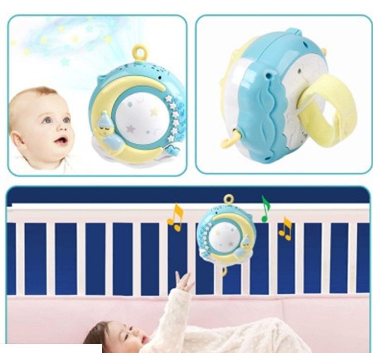 Livoshop baby crib mobile with musical box and rotating projection hanging above a crib for newborn entertainment.